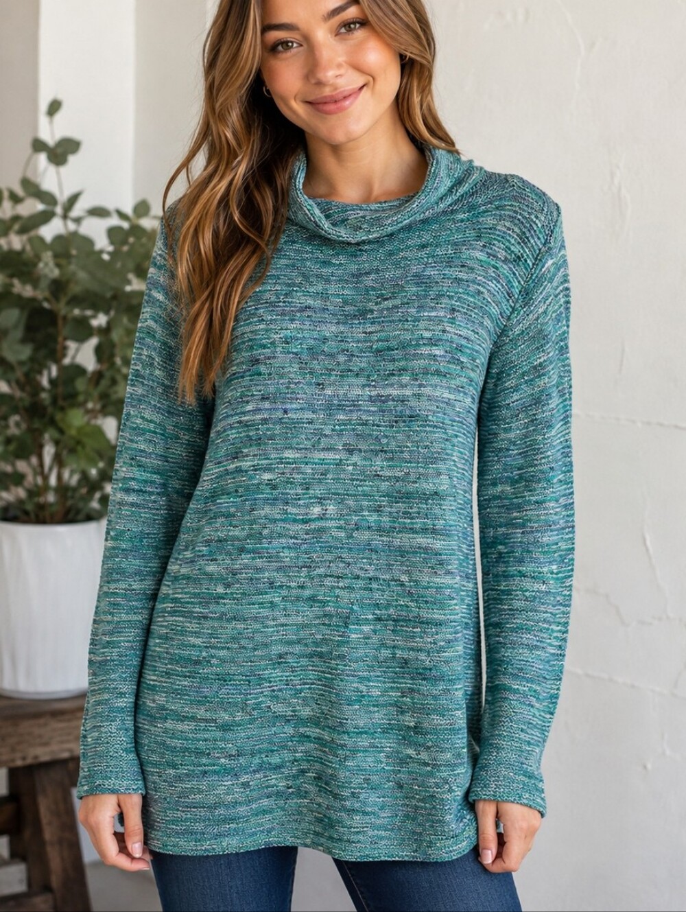 J. Jill Cowl Neck Sweater Tunic Teal Marled Knit Sz XL Cottagecore CozyChic Boho